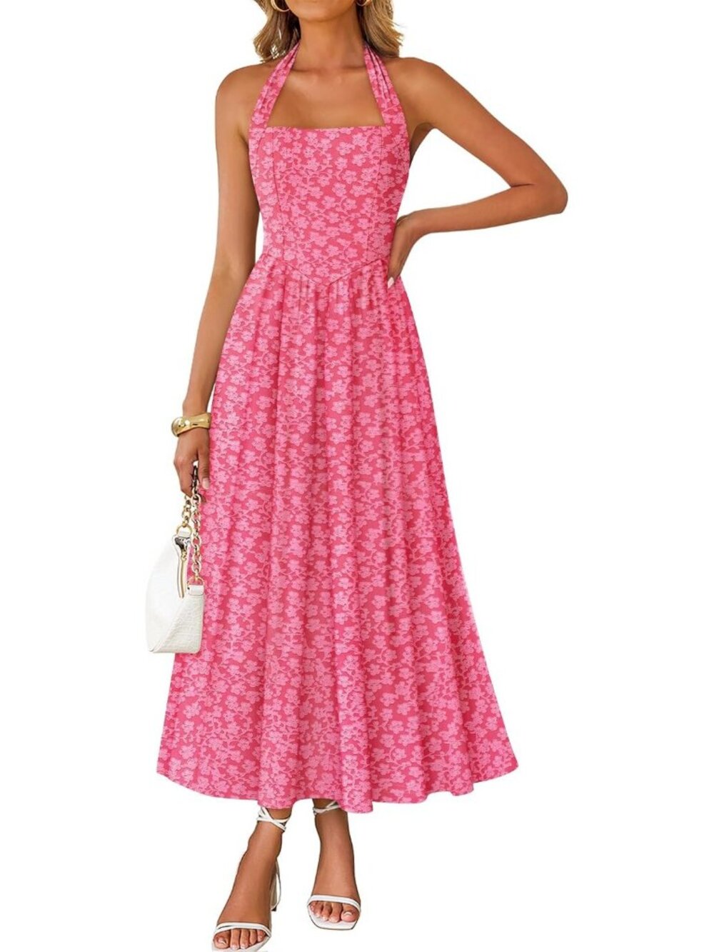 Women's Hot Pink Floral Halter Maxi Sleeveless Flowy A-Line Formal Dress